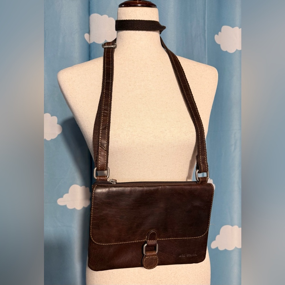 Jack George brown "wallet on a strap" crossbody strap. Brass tone hardware.
